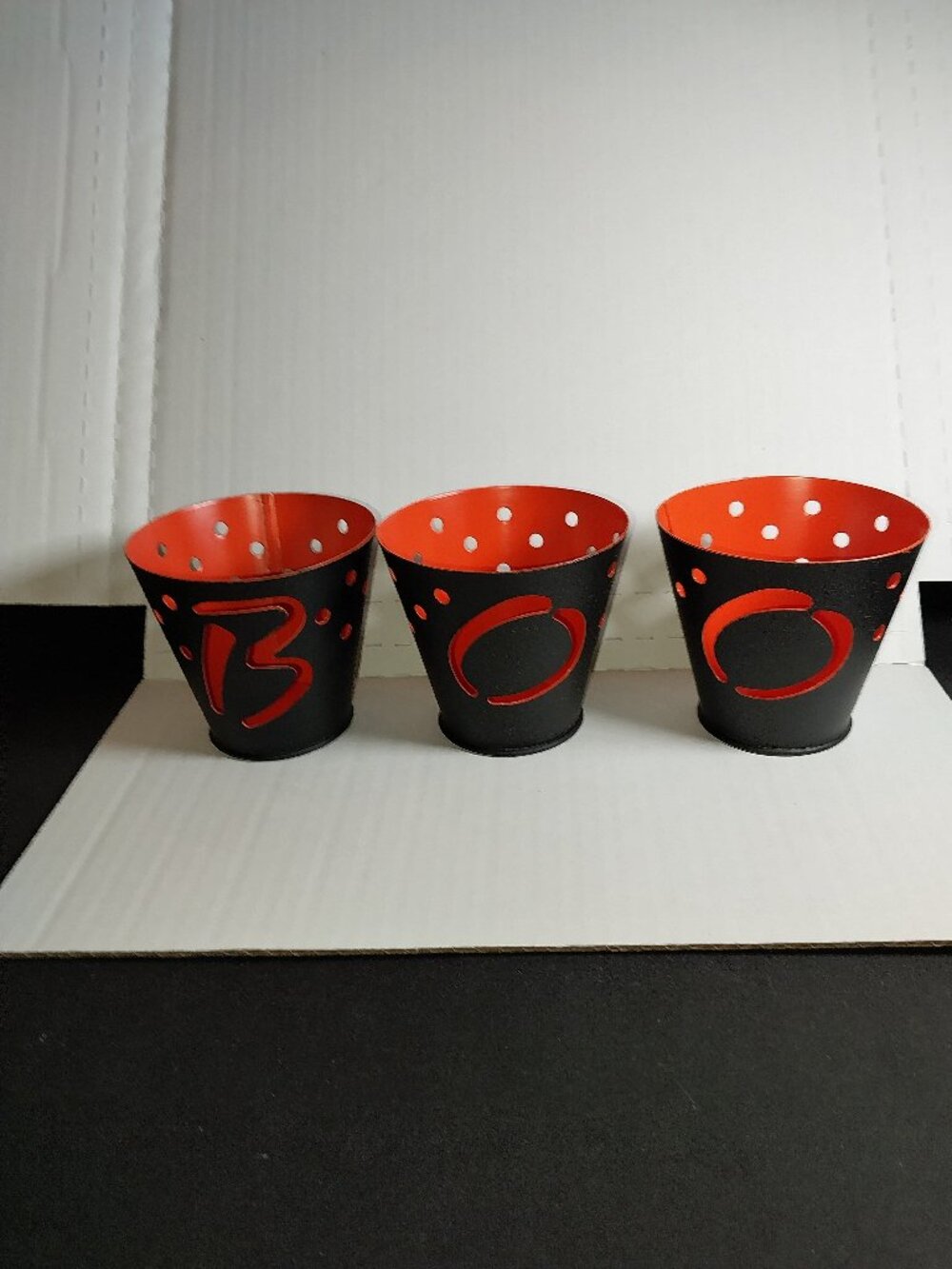 Halloween Set of 3 Metal Hallmark BOO Tea Light Candle Holders Orange and Black